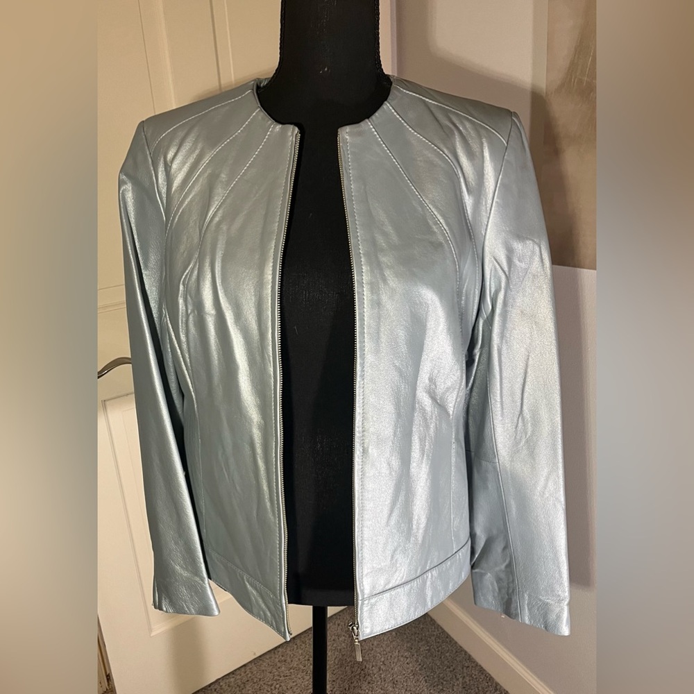 Vintage DIALOGUE Women’s Leather Blue Pearl Shimmer Metallic Jacket Small